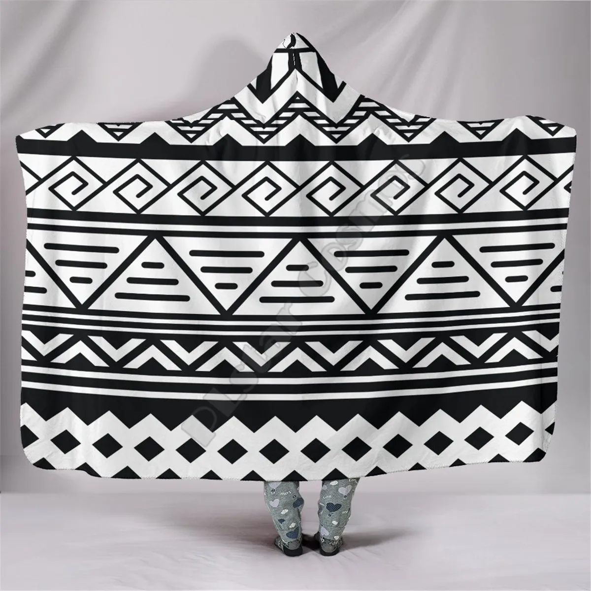 

3D All Over Tribal Pattern Black Hooded Blanket Adult colorful child Sherpa Fleece Wearable Blanket Microfiber Bedding
