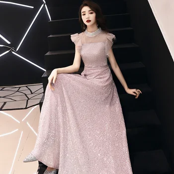 

Skyyue Evening Dresses R234 Ruched Sleeve Women Party Dress A-Line Floor Length Robe De Soiree High Collar Formal Gowns