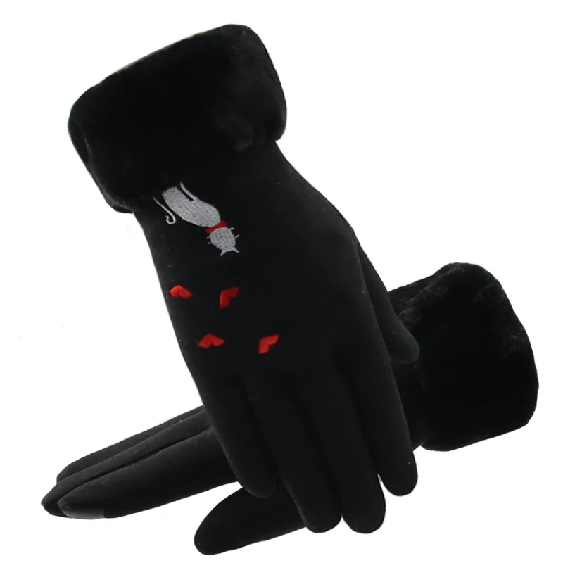 Зимние дамские перчатки Новые перчатки для сенсорного экрана перчатки для женщин вышивка кота плюшевые внутри мягкие уличные теплые женские перчатки - Цвет: Black