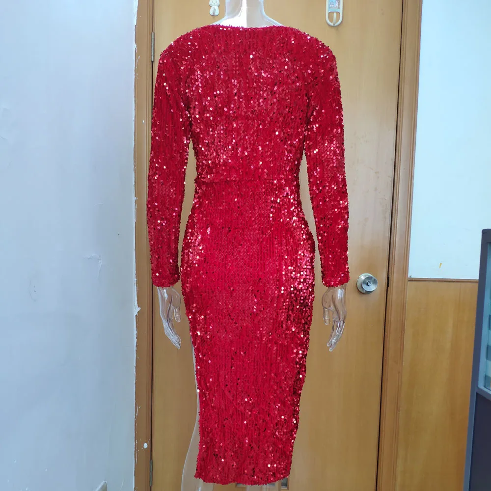 Элегантное красное платье миди с блестками, женское сексуальное платье с v-образным вырезом и длинным рукавом, вечерние Клубные платья с разрезом сбоку, блестящие рождественские платья Vestidos