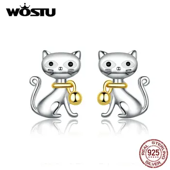 

WOSTU 2019 Cat & Golden Bell Stud Earrings 925 Sterling Silver Small Earrings For Women Girls Wedding Silver 925 Jewelry CTE112
