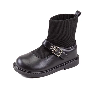 

Kids Girls Leather Shoes Patchwork Knitting 2020 Spring Autumn Toddler Girls Black Boots Boots with Knitting for Baby Girls