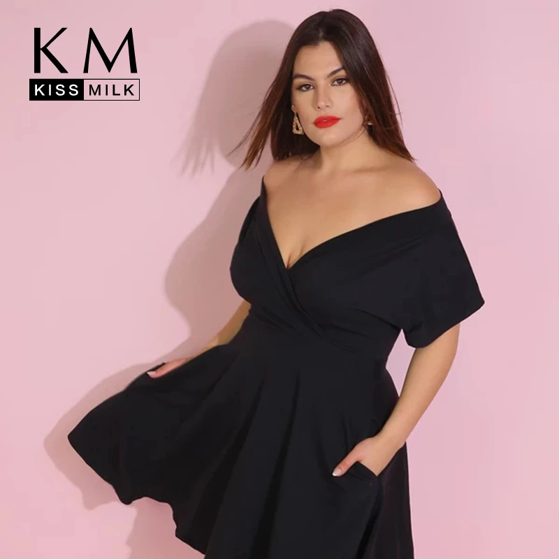 

KISSMILK 2020 New Fashion Women Plus Size Loose Simple Wild Black Dress Office Lady Solid Sexy Strapless Spring V-Neck