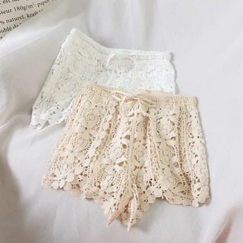 

2020 summer new lace hollow out women shorts high waist solid wide leg loose sexy lady elegant shorts top quality