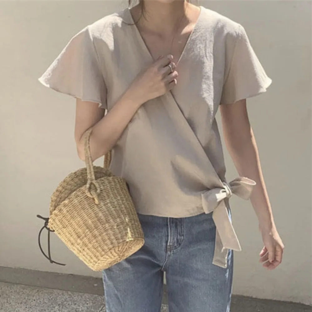 

Elegant Korean Style Boho Office Ladies Vintage Casual Blouse Women Loose Plain Bowknot Retro Beach Female Fashion Tops Shirts