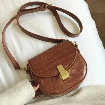 

Quality Leather Female Shoulder Bag Small Stone Pattern Saddle Bags for Women Casual Solid Color Ladies' Messenger Crossbody Bag