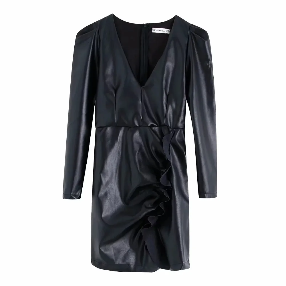Увядшее зимнее кожаное платье для женщин, английское элегантное винтажное плиссированное платье с v-образным вырезом, каскадные пышные рукава, ПУ вечерние мини платья, Женский блейзер - Цвет: Черный