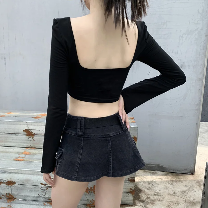 女性不規則なゴシック服の秋のファッション背中トップ長袖スクエアネックの無地シャツ T Shirts Aliexpress
