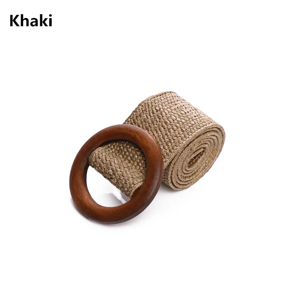 khaki 1 шт., женский модный Повседневный соломенный ремень, круглая деревянная Пряжка, эластичная талия, цепочка, ожерелье для живота, украшения для тела, платье, рубашка, аксессуары - Цвет: khaki