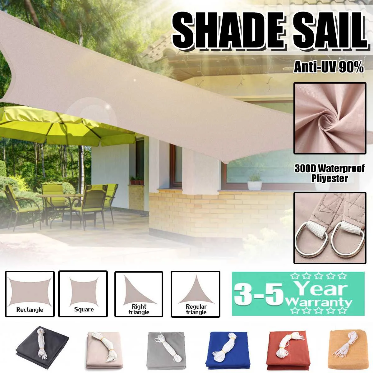 

Khaki 300D Waterproof Awning Sunshade Sun Shade Sail For Outdoor Garden Beach Camping Patio Pool Sun Canopy Tent Sun Shelter