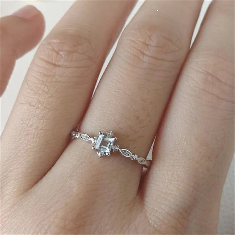 

New Silver Color White Square Crystal Stone Rings for Women Girls Fashion Zircon Geometric Party Beautiful Rings