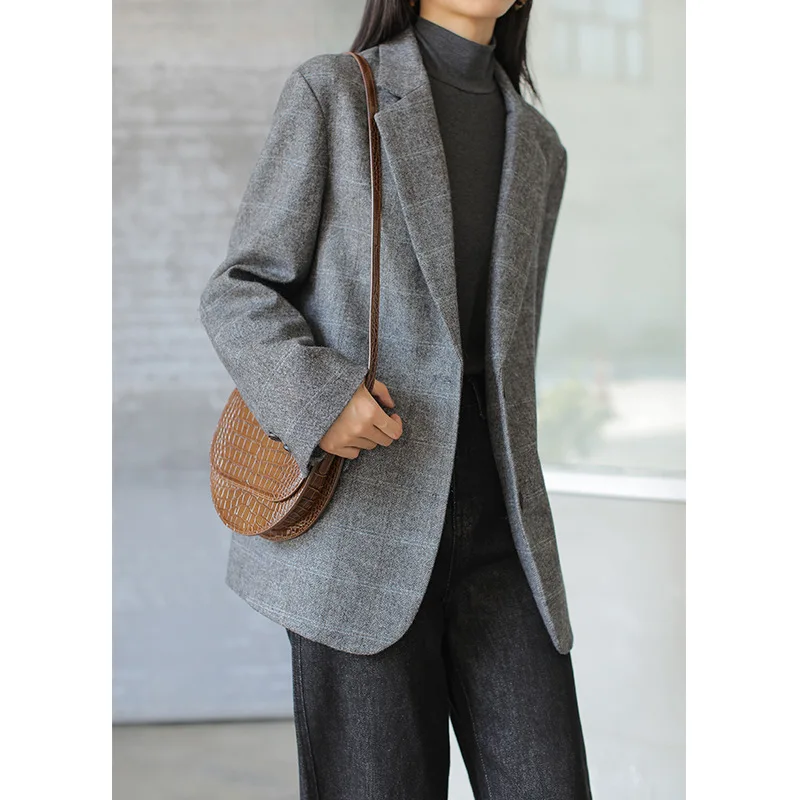 

Fold-down Collar Woolen Suit 2019 Winter New Style Korean-style Loose Casual Wool Plaid Coat Women's 10715