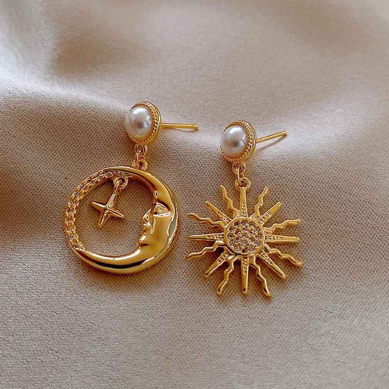 Fashion Rhinestone Pearl Pendant Earrings Women Retro Star Moon Asymmetrical Girl Earrings Egypt Sun Totem Drop Jewelry dangle earrings drop earrings pendant earrings long earrings dome teardrop earrings