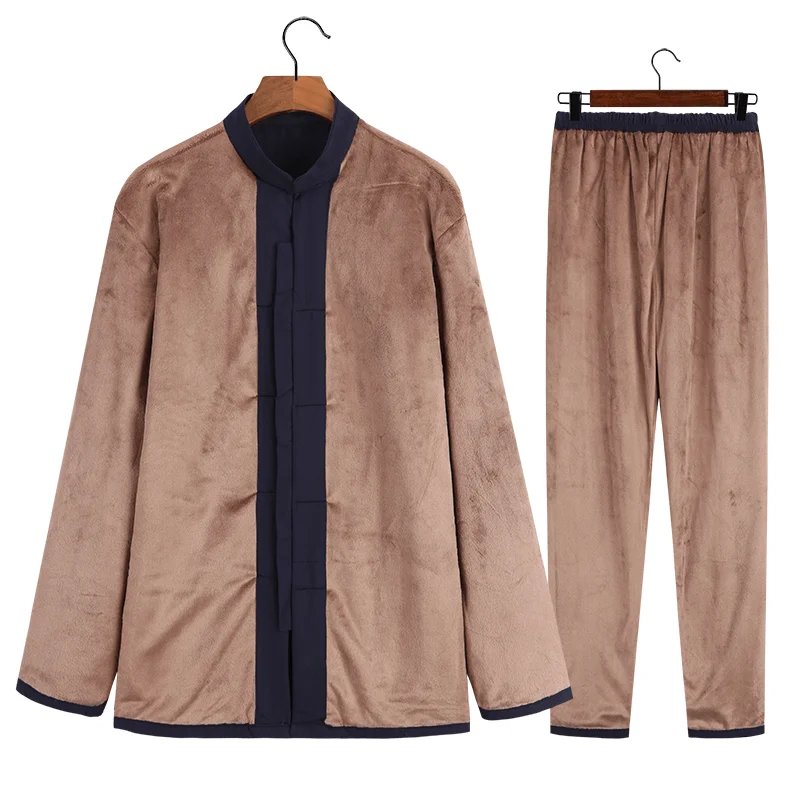 Chinese tunic suit New Year man Tang costume Han clothing men's linen warm cotton coats plus velvet thick casual two-piece suit
