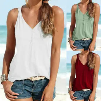 

Summer Beach Women Solid Color Button-s V Neck Twist Sleeveless Tank Top Vest V Neck Twist Sleeveless Tank Top Vest