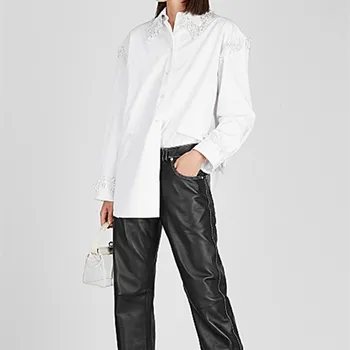 

Women's White Color Loose Blouse Turn-down Collar Pearl Office Lady Shirt 2020 New