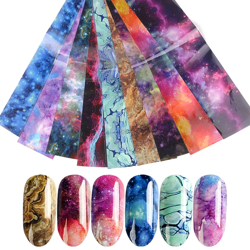 

10 pc Nail Sheet Sticker Set Holographic Starry Sky Adhesive Envelopes Transfer Paper Marble Shiny Nail Art Sticker Gel Slider