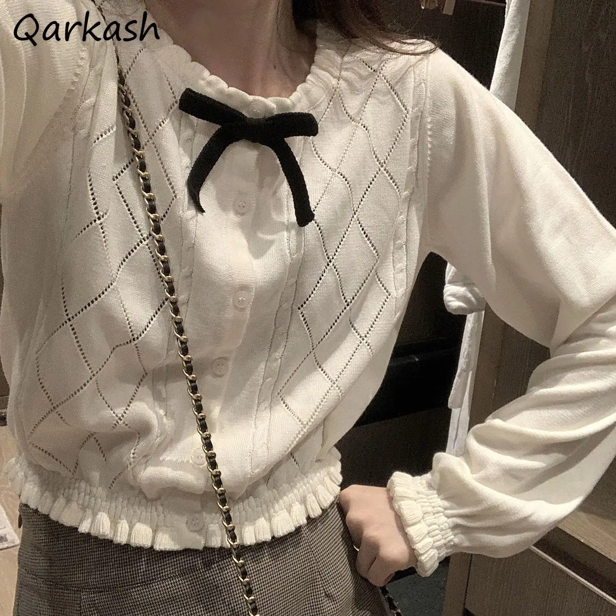 

Cardigan Women Bows Long Sleeves Solid Elegant Young Simple Crop Harajuku All Match Knitting Ladies Spring Fashion Leisure Chic