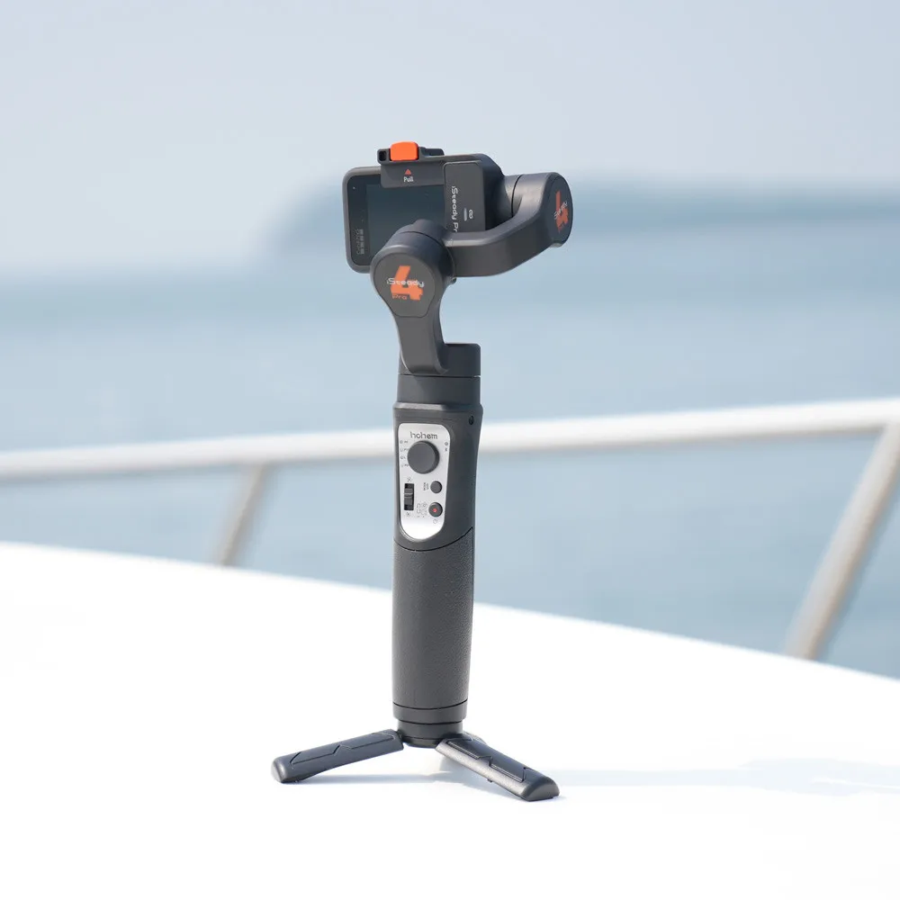 Vue rapprochée du Hohem iSteady Pro 4 vert, boutons de contrôle et molette au premier plan