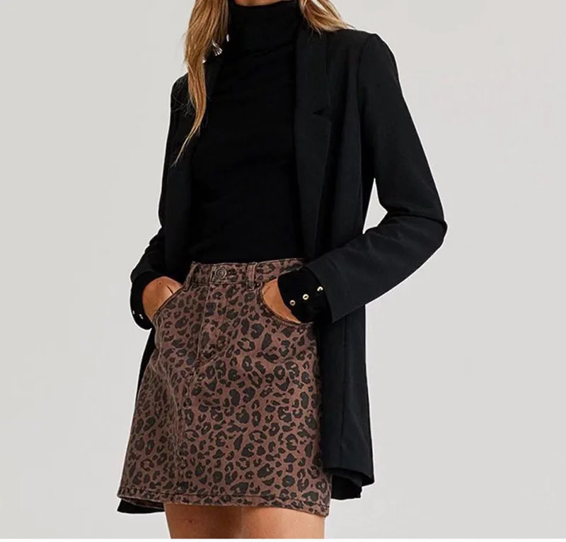 

Overplus of Goods Exported to Europe And us y Autumn Women's Cowboy Leopord Pattern Cowboy Skirt Placket High-waisted Slimming A