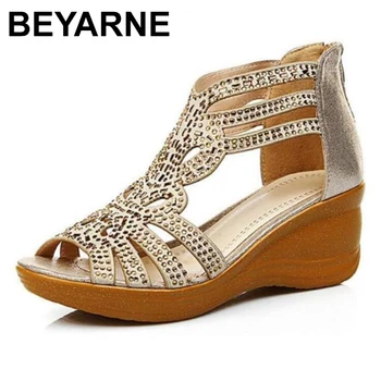 

BEYARNE2020 Summer Hollow Out Comfortable Wedge Sandals Women Large Size 41 Woman Genuine Leather Open Toe Cowhide Diamond Shoes
