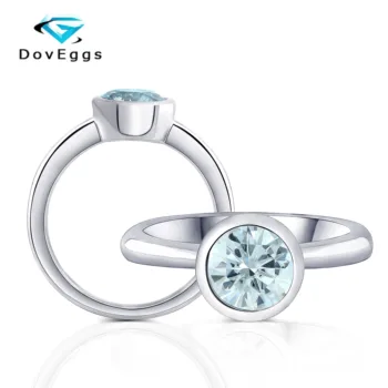 

DovEggs 1CTW 6.5mm Slight Blue Heart and Arrow Cut Moissanite Engagement Ring Bezel Setting for Women sterling solid 925 silver