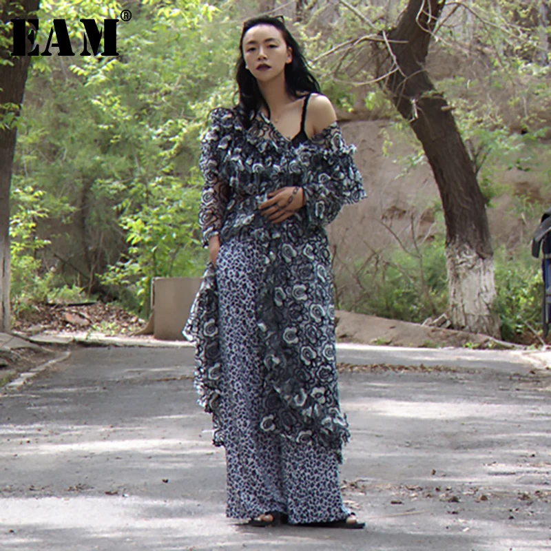 

[EAM] 2019 New Spring Summer Round Neck Long Sleeve Black Persective Temperament Big Size Long Dress Women Fashion Tide JW622