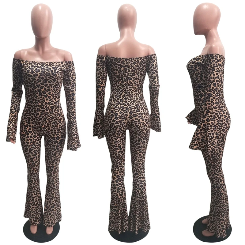 Tsuretobe, сексуальный леопардовый комбинезон с открытыми плечами, расклешенные брюки, женский комбинезон с длинными расклешенными рукавами, Обтягивающие Комбинезоны, с вырезом лодочкой, Vestidos Femal