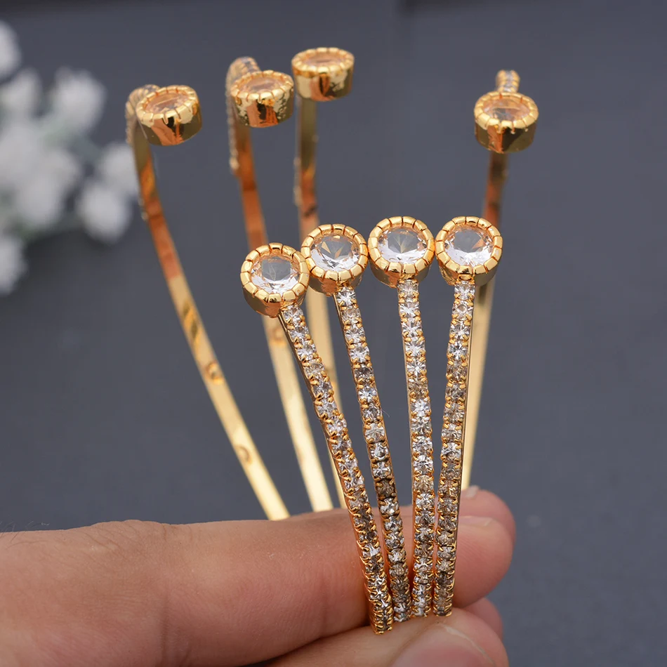 

4Pcs/Set White stone Dubai Ethiopian Gold Color Cuff Bangles For Women Girls Wife African Arab Bracelet Jewelry Holiday Gift