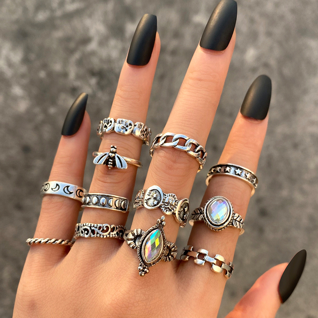 Gothic Heart Ring Set for Women Flame Pentagram Vintage Spades Ace Silver Plated Retro Charm Billiards Finger Jewelry