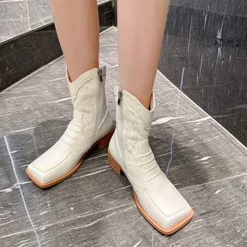 

New 2020 Women Med Heels Ankle Boots Genuine Cow Leather Zipper Square Toe Party Wedding Shoes Woman Female Basic Riding Boots