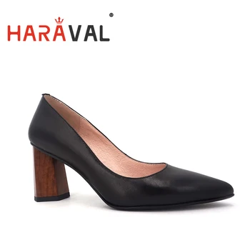 

HARAVAL Women Pumps Shoes Black high heels Genuine leather pumps Office Career Thick heel sheepskin shoes women pointed toe A81