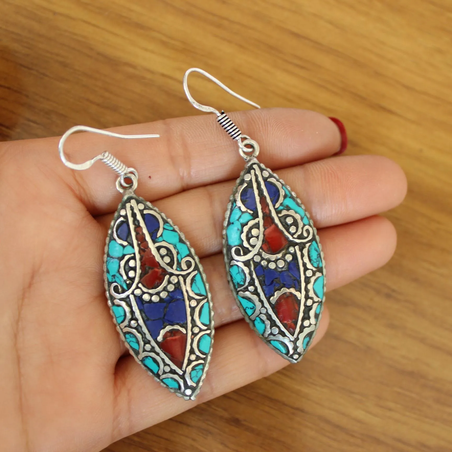 ER191 Nepal Jewelry Ethnic Oval Lapis Turquoises Colorful Stone Leaf Fashion Dangle Earring For Women
