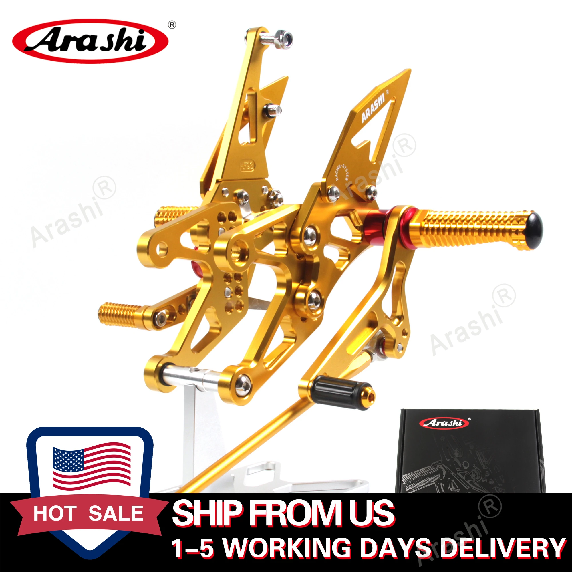 Arashi For YAMAHA YZF R1 2007 2008 07-08 CNC Adjustable Footrest Foot Pegs Rider Rear Sets Rearset Footrest  YZF-R1 Gold
