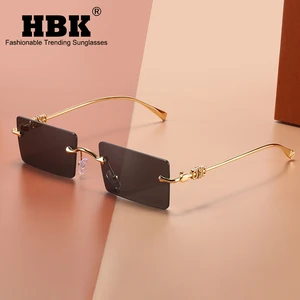 HBK New Arrivals Rimless Sunglasses Men Square Blue Lens Frameless Retro High Quality Sun Glasses For Women Metal Gold UV400