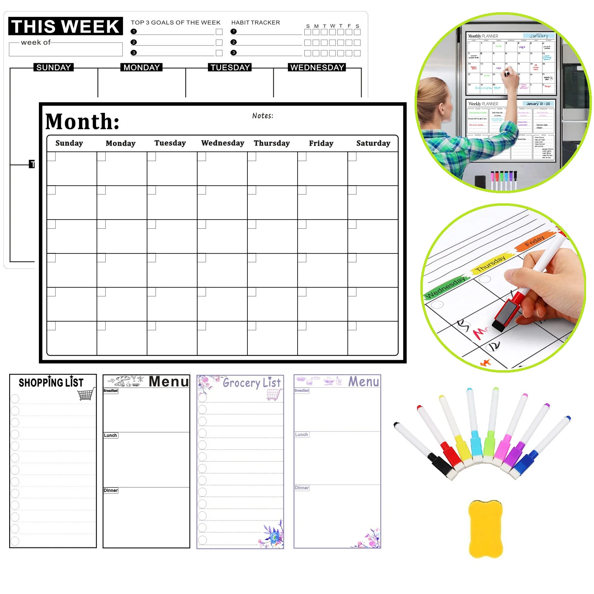 Calendario magnético de borrado en seco para nevera, placa de planificación de cocina, menú, hoja de comestibles, 3 uds.