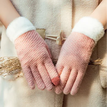 

Touch screen gloves female winter warm thick knit cute wool imitation rabbit plush five-finger gloves outdoor sports knit gloves