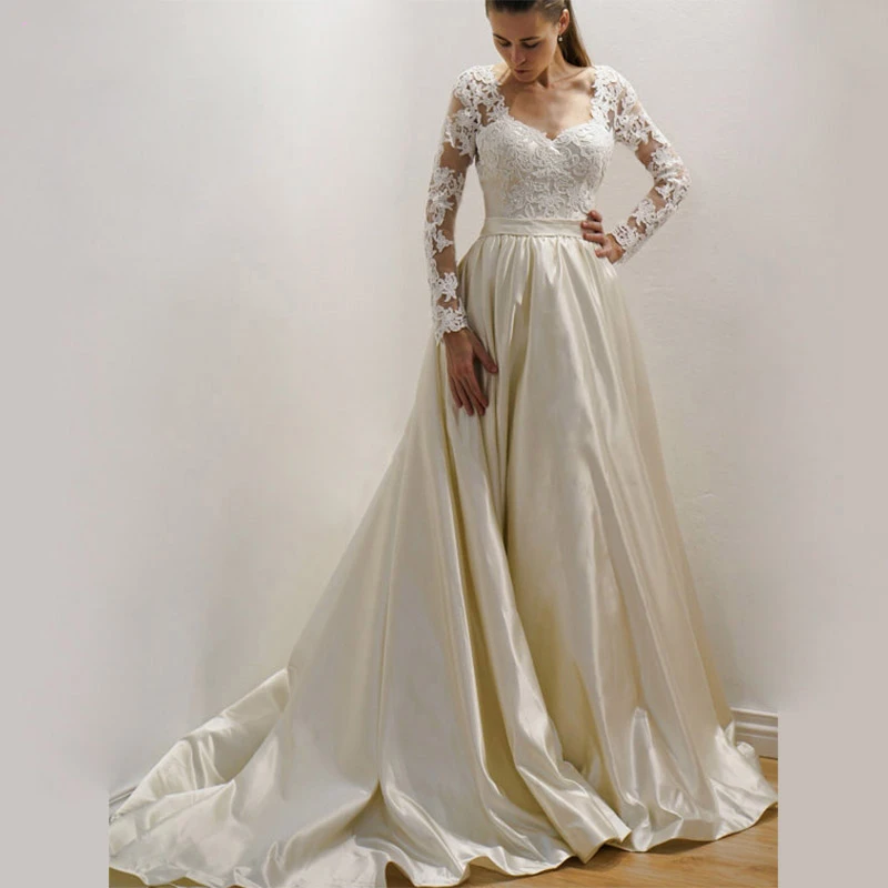 Long sleeve lace wedding dress with satin skirt Clearance