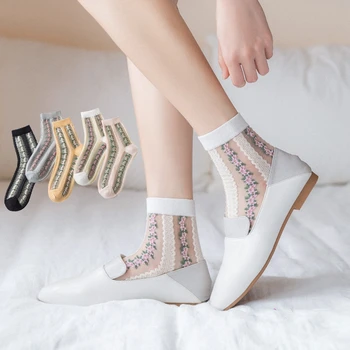 

Colorful Striped Daisy Sheer Tulle Socks Women Floral Ruffle White Silk Glass Socks Lace Elastic Ultra Embroid Mesh Nylon Socks