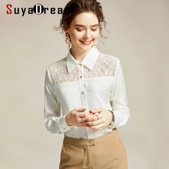 

SuyaDream Women Solid Silk Blouses 100%Silk Long Sleeved Lace Spliced Office Blouse Shirt 2020 Spring Shirt