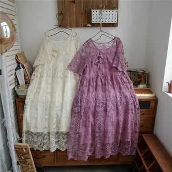 

Summer new lace embroidery retro Mori women's delicate mid-length loose two-piece dress