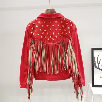 

Women's Denim jacket 2020 Autumn New Vintage Star Rivet Suede Fringe Loose Long sleeve Casual Outerwear Female Boho Jean jacket