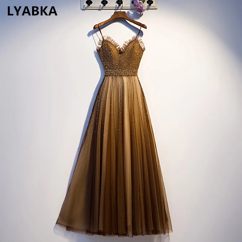 Милое вечернее платье трапециевидной формы; Robe De Soiree; коричневый тюль с блестками и бисером; вечерние платья; длинное платье; vestido de festa