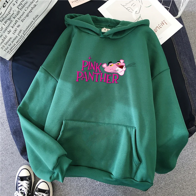 Hirsionsan худи для женщин селфи Розовая пантера печати Толстовка С Карманами парные свитера корейский негабаритный теплый топ с вышивкой - Цвет: Green