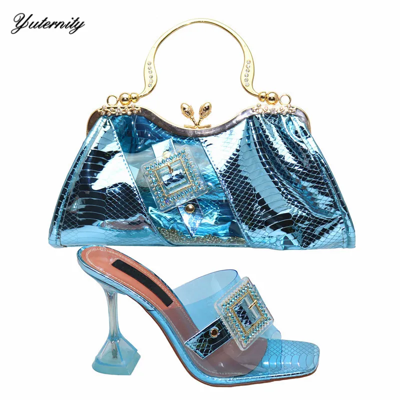 

New Arrival Comfortable High Heels Ladies Shoes And Bag Set Sky Blue Color Italian Style Crystal Shoes And Bags Set For Party
