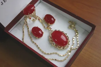 

Wholesale noble 13*18mm 18kgp plated red jadel ring(#6,7,8,9) earrings &pendant fashion jewelry set