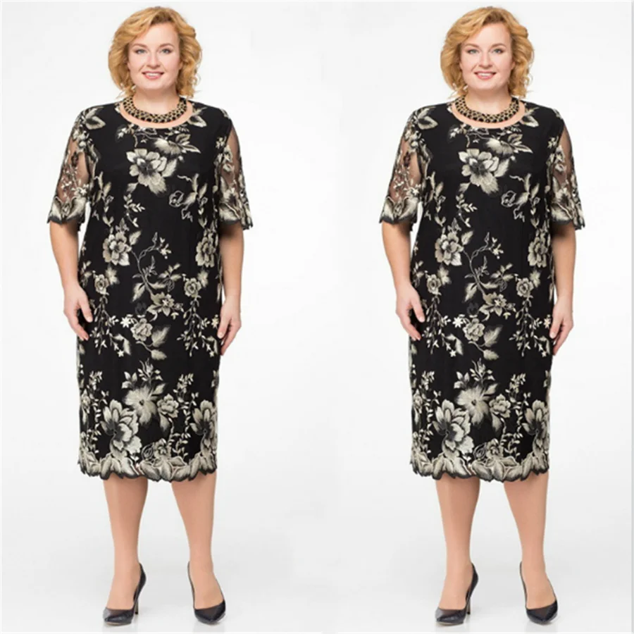Plus Size Women Elegant Lace Embroidery Keen-length Dress Spring Half-Sleeve Flower Print Dress Formal Black Vintage Vestiods Plus Size Women Elegant Lace Embroidery Keen-length Dress Spring Half-Sleeve Flower Print Dress Formal Black Vintage Vestiods