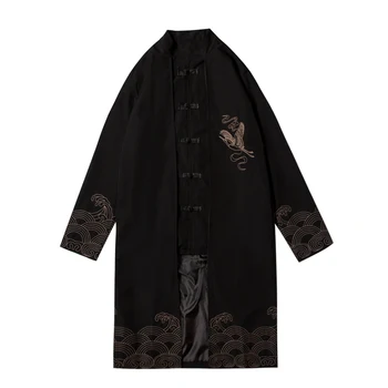 

High Quality Men Chinese National Style retro Tang Suit Autumn Long Embroidered Jacket Loose Trench Big Size Fashion Coat