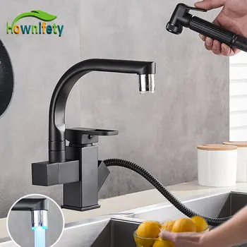 

LED or not Black Kitchen Faucet Pull out Bidet Faucet Deck Mount Hot Cold Mixer Tap Deck Mounted 360 Swivel kitchen Basin Mixer