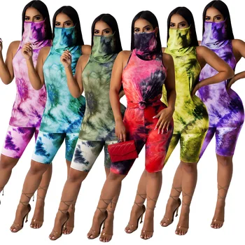 

2020 Light Suit Tie-Dye Casual Fashion Home Sports Sleeveless T- Shirt Shorts Two - Piece Set Women ' s Clothes